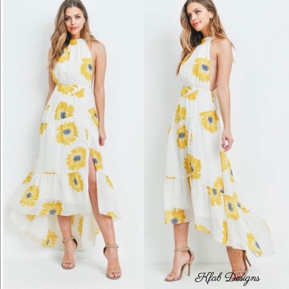 New! Clearance 🔥Ruffled Floral Halter Cross Back Maxi Dress - Picture 3 of 8